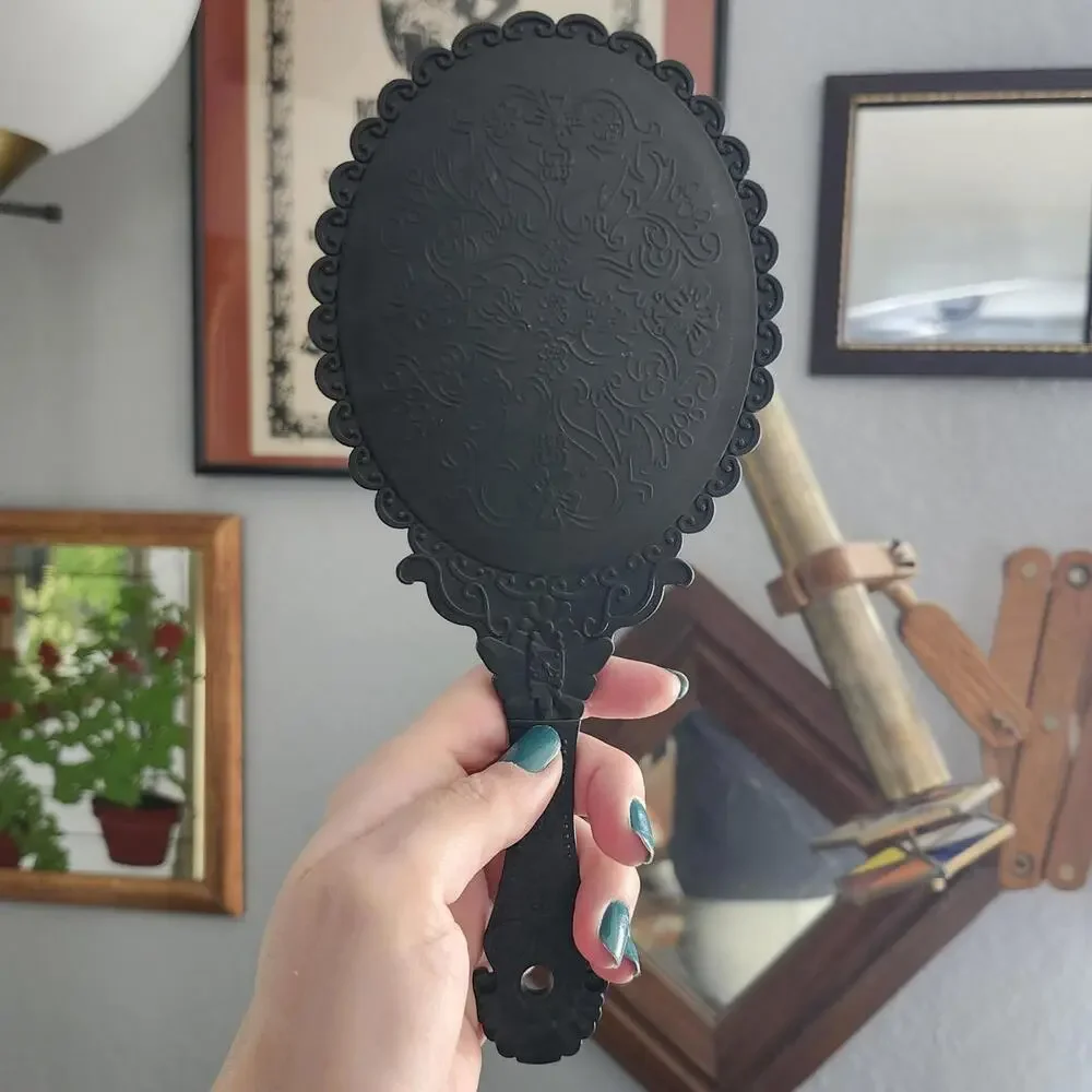 Vintage Style Handheld Mirror Vanity Mirror Plastic Black Ornate Design